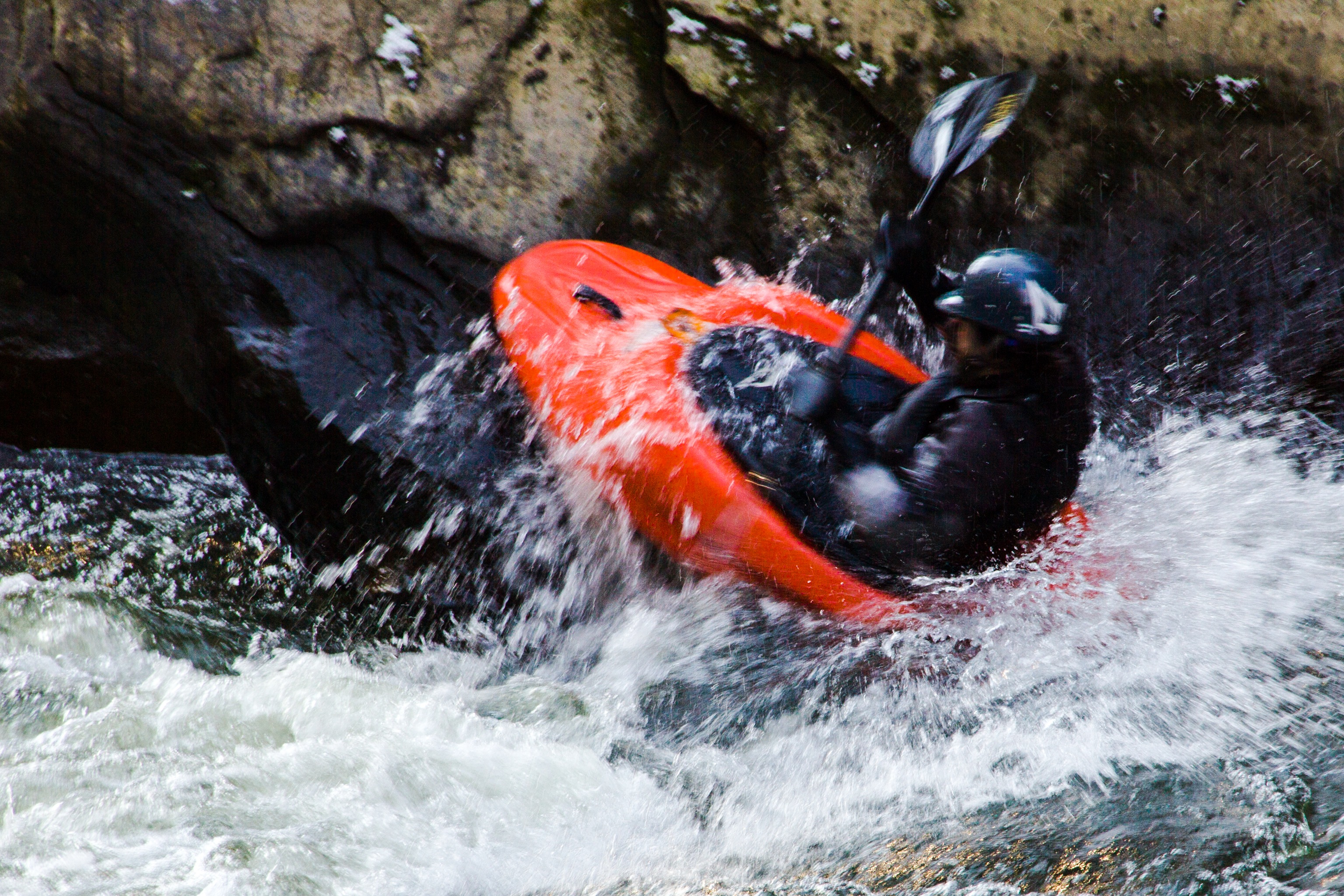 Photo by Damian Catanza. Winter kayaking on Slippery Rock Creek at McConnells Mill State Parl